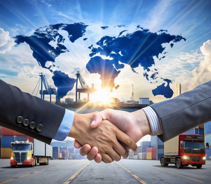 Smart logistics and transportation. Handshake for successful of investment deal teamwork and partnership business partners on logistic global network distribution